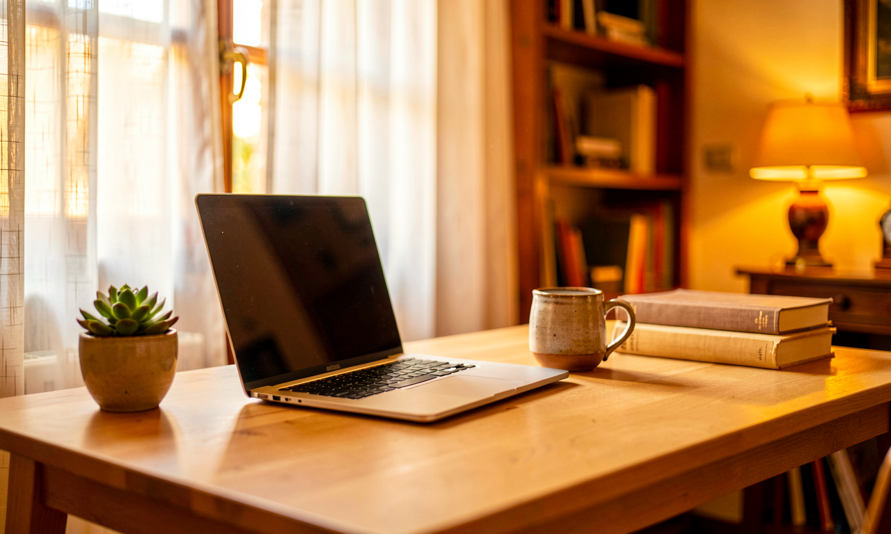 Una postazione di lavoro ordinata con laptop e tazza da caffè, illuminata da luce naturale calda.