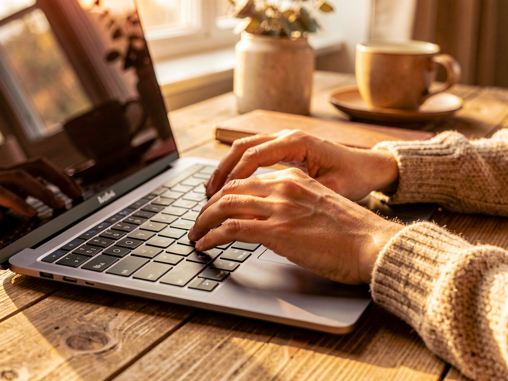 Mani che digitano sulla tastiera di un computer in un ufficio domestico caldo.