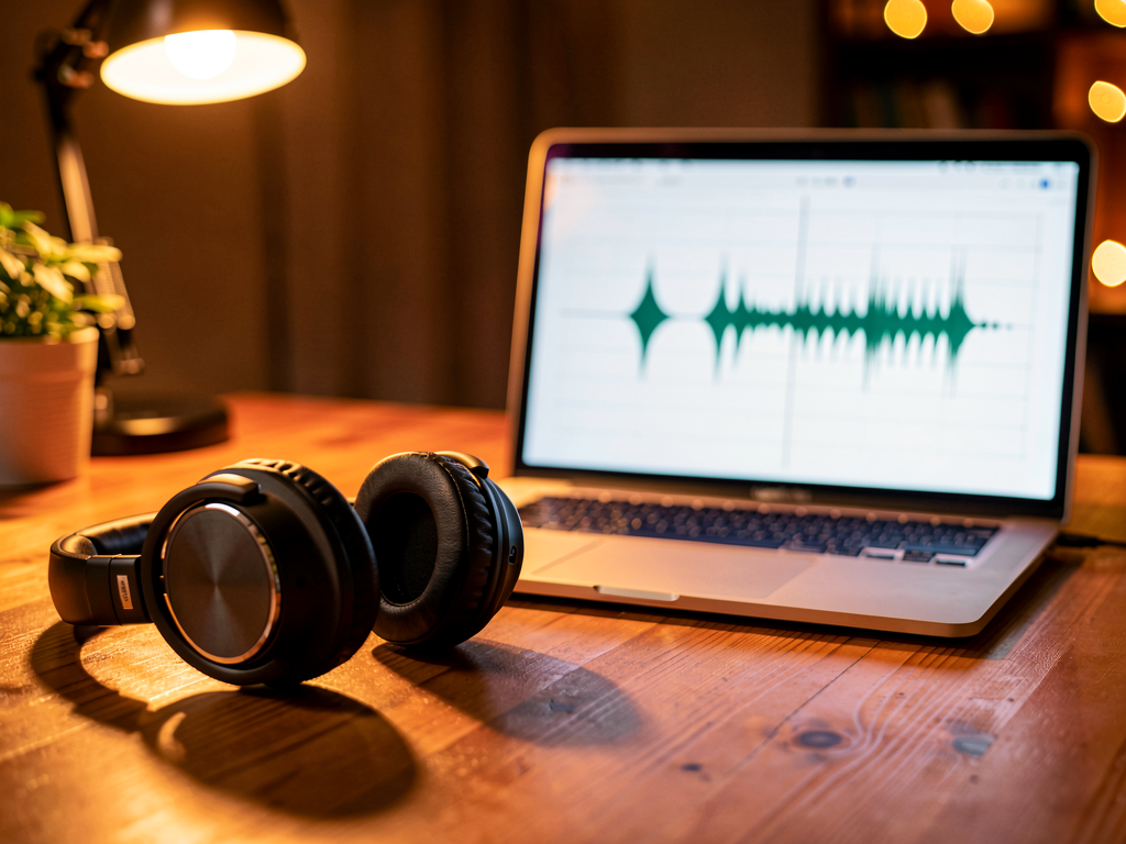 Cuffie audio su una scrivania vicino a un computer portatile acceso.