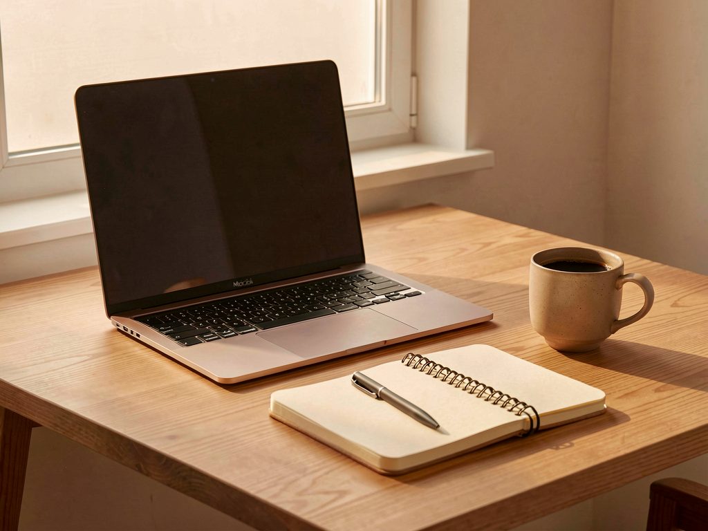 Scrivania ordinata e minimale con laptop, tazza da caffè e quaderno.