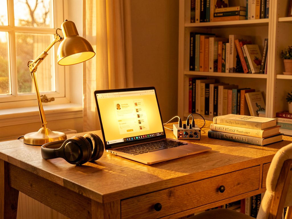 Un laptop moderno su una scrivania che mostra una interfaccia pulita e strumenti di accessibilità.